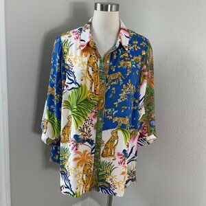Rose + Olive Womens Plus 1X Tropical Leopard Animal Print Button Up Shirt Blouse